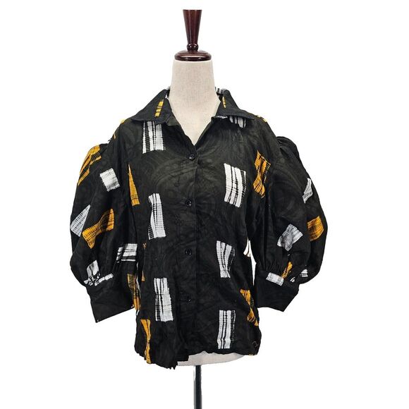 Busayo Women's Tola Black Print Cotton Top Blouse Puff Sleeve Black Size‎ M NWT - Picture 1 of 13